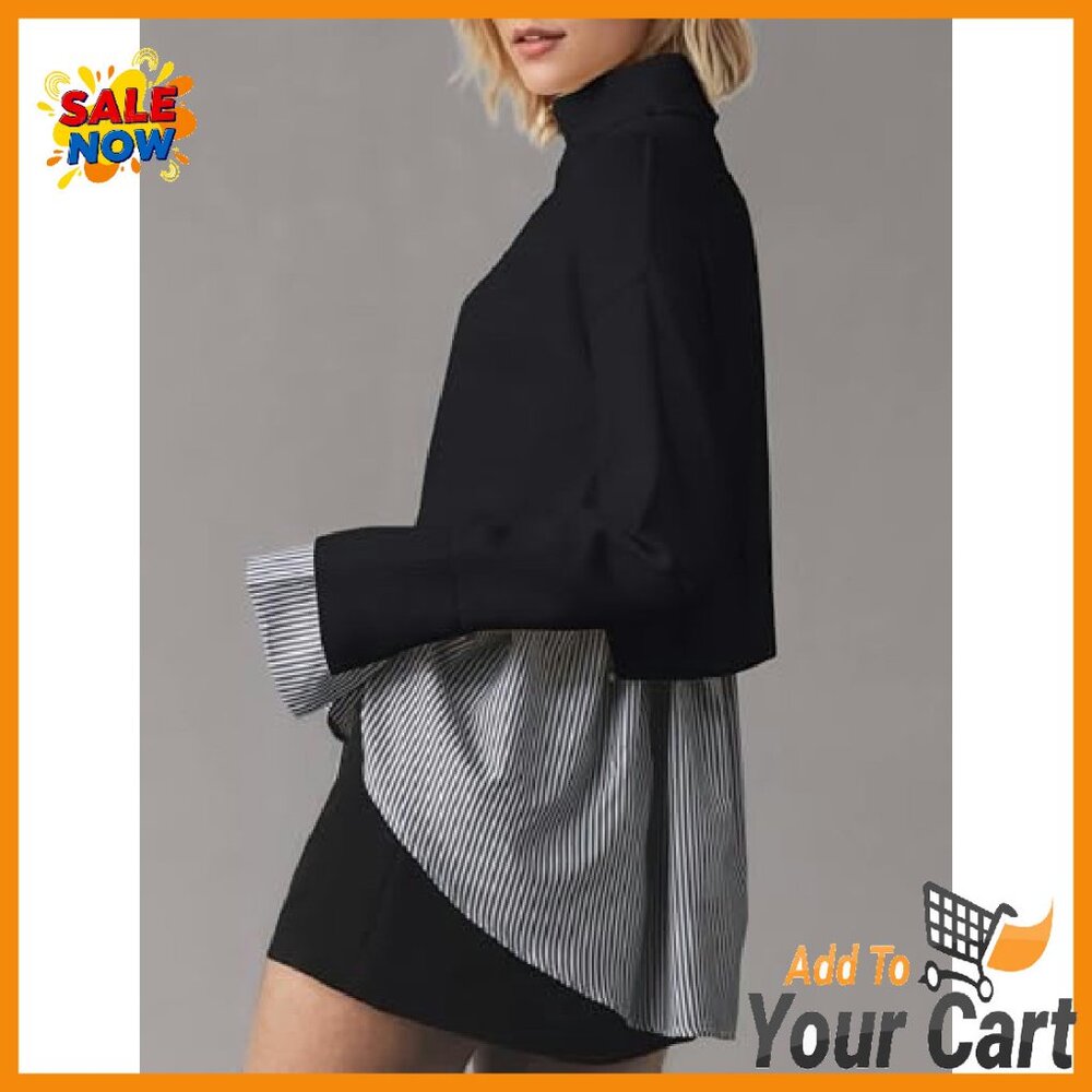 Turtleneck Patchwork Sweater Asymmetrical Hem Pul… - image 5